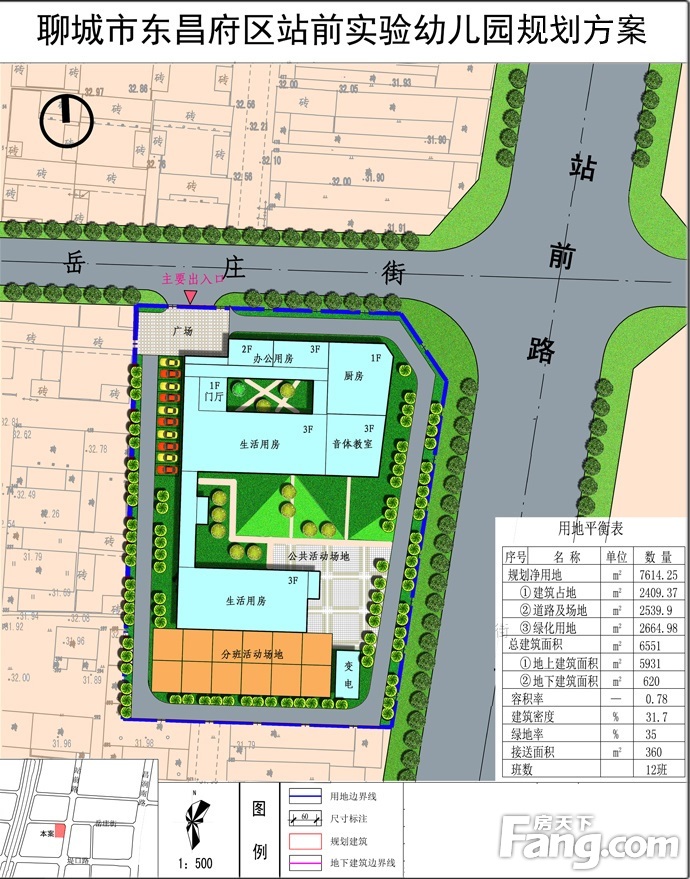 岳庄街以南建设聊城市东昌府区站前实验幼儿园,现将总平面图以及主要