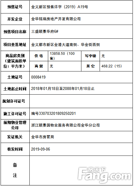 预售证|金义颐景园获金义新区预售许字（2019）A19号