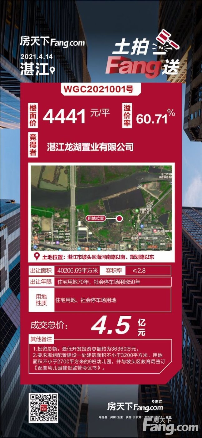龙湖集团首进湛江！4.5亿元拿下坡头住宅用地 溢价率60.71%