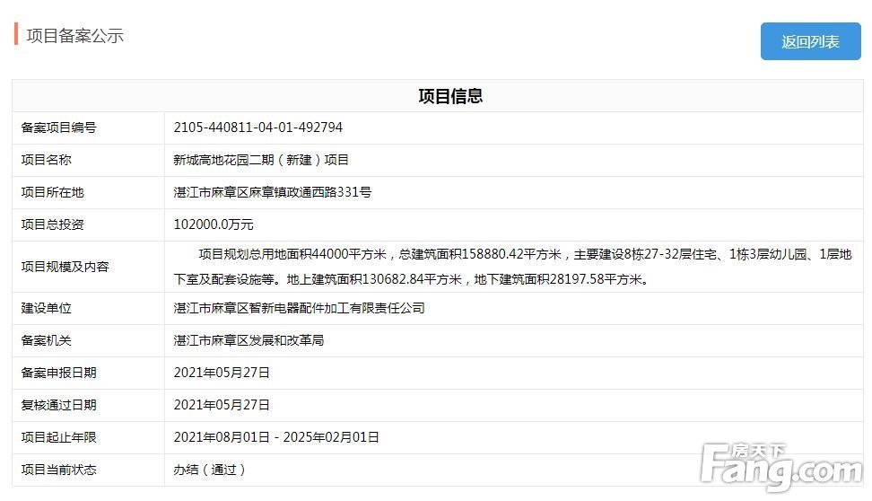 总投资19.71亿 湛江高地实业麻章新项目——新城高地花园项目备案信息公示